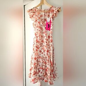 Betsey Johnson Silk Cherry Blossom Bias Cut Slip Dress Ruffle Details NWT Size 4